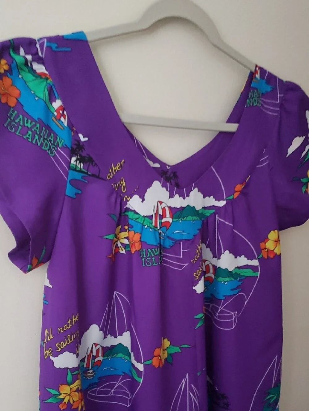 Vintage 70s Poly Purple Hawaiian Print Maxi Dress With Adorable Print!
